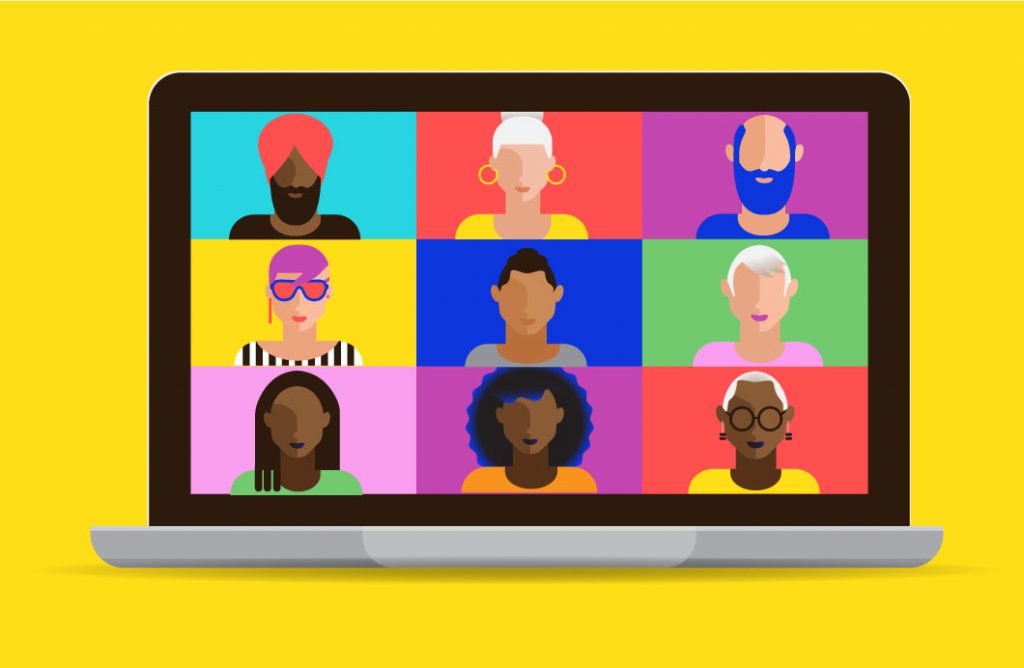 Illustration of laptop on a bright yellow background with nine people in a video conference grid. People are of mixed ethnicities and genders, including Sikh, black, and white.  Each person ‘s background is bright saturated colour.