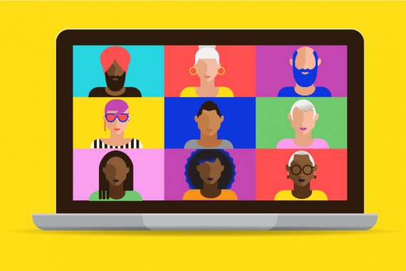 Illustration of laptop on a bright yellow background with nine people in a video conference grid. People are of mixed ethnicities and genders, including Sikh, black, and white. Each person ‘s background is bright saturated colour.