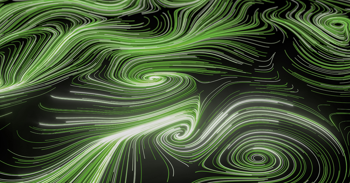 neon-like glowing lines of white and green form a pattern like eddies in a river on solid black background