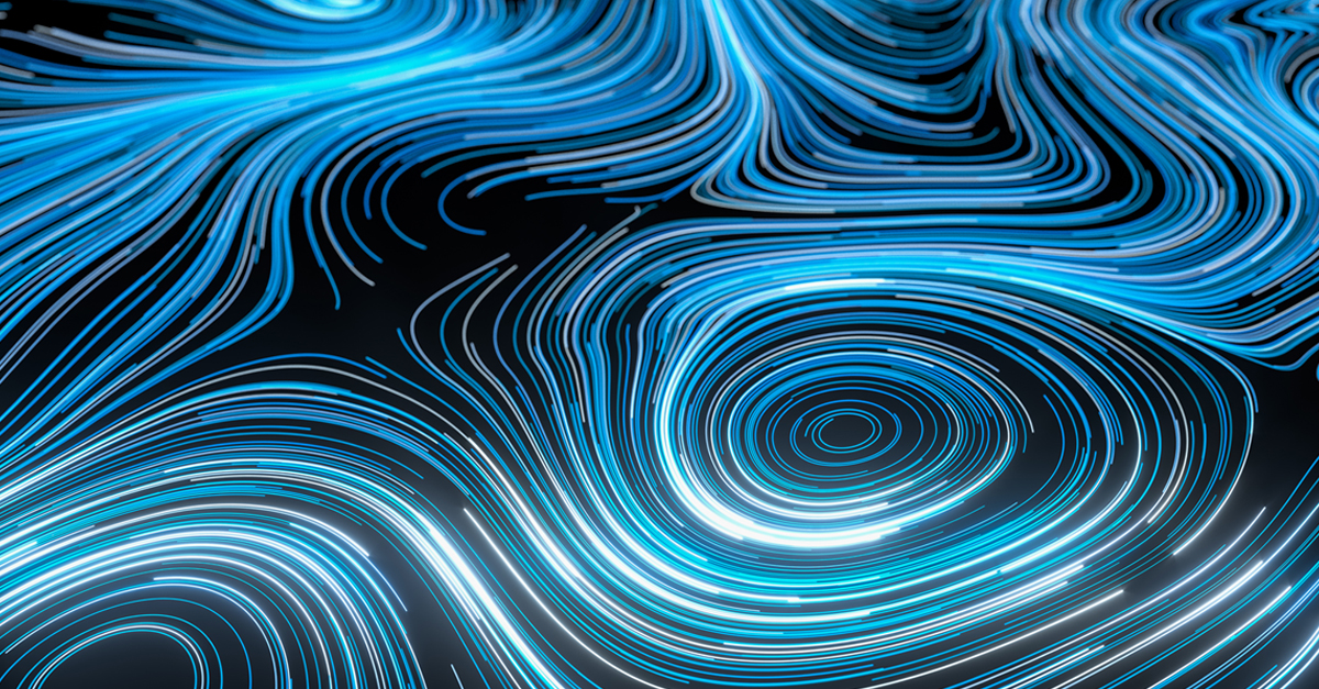 neon-like glowing lines of white and blue form a pattern like swirls in a river on solid black background