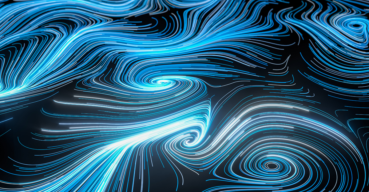 neon-like glowing lines of white and blue form a pattern like eddies in a river on solid black background