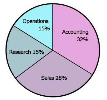 Pie chart of salary distributions across departments in a typical financial service business, where accounting and sales have the highest proportion of salaries
