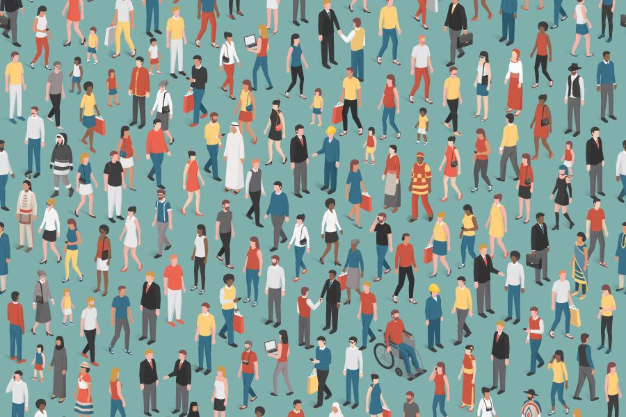 Illustration of people of all ages and mixed ethnicity groups standing or walking together.