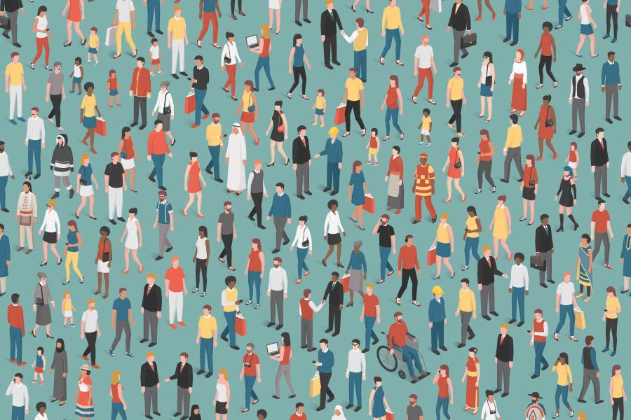 Illustration of people of all ages and mixed ethnicity groups standing  or walking together.