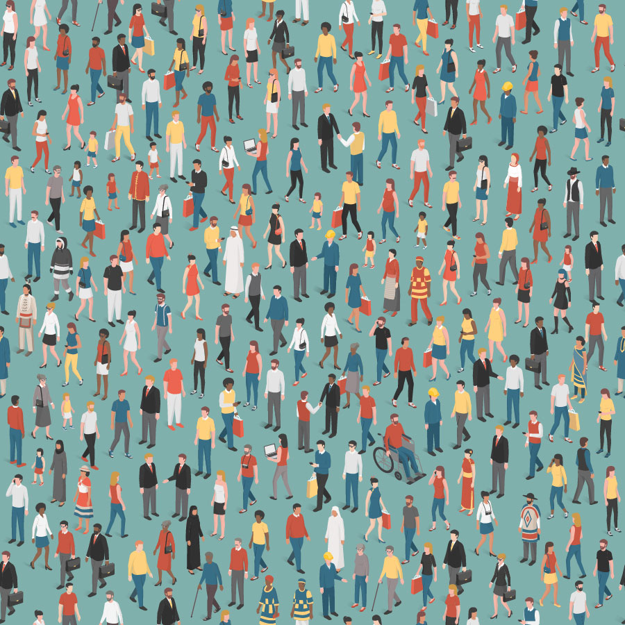 Illustration of people of all ages and mixed ethnicity groups standing  or walking together.