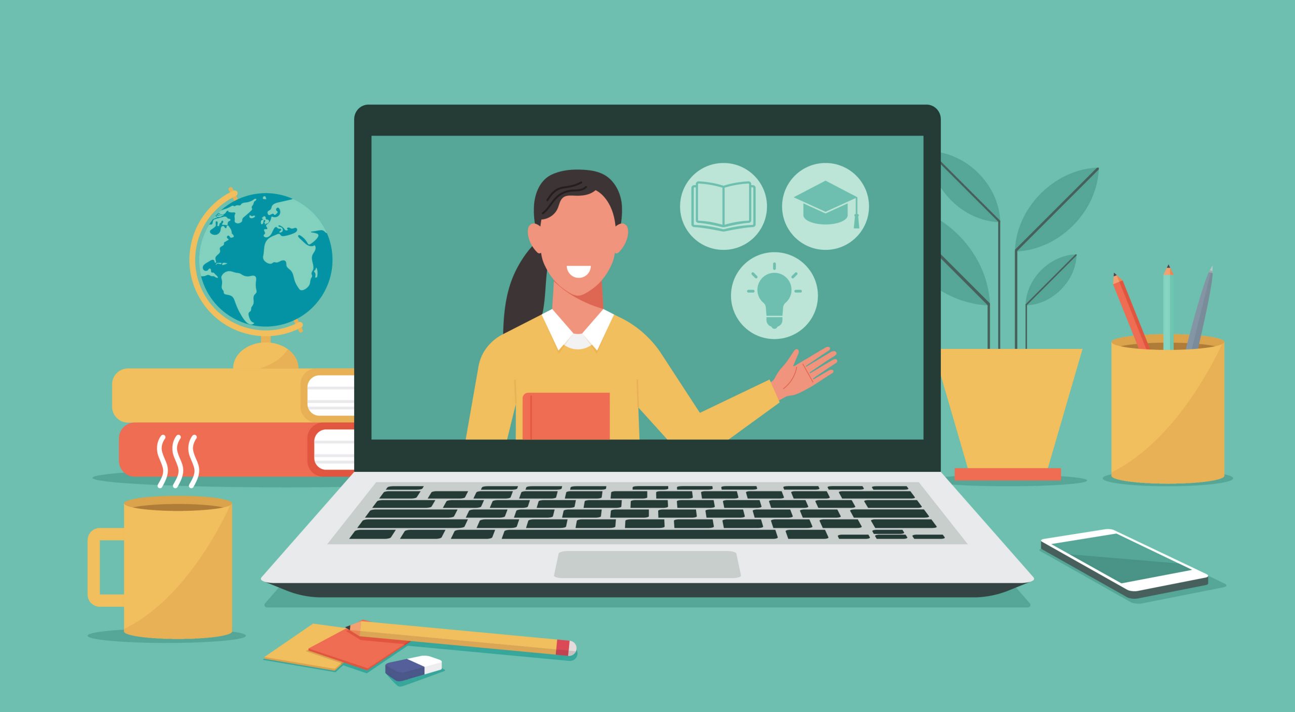 illustration of open laptop displaying a person presenting, the laptop is surrounded by common office item like books, hot beverage, pencils and a smartphone.