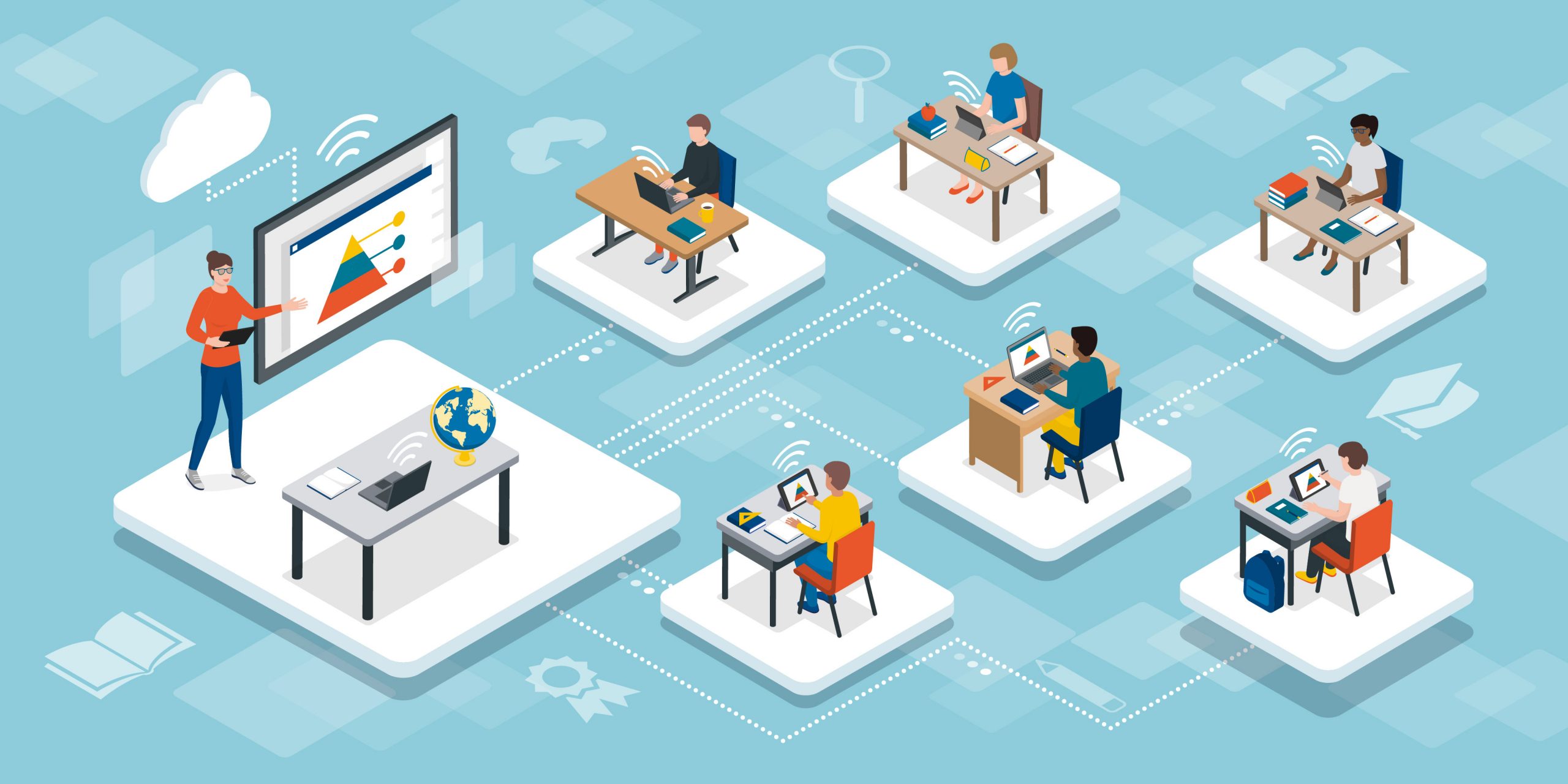 Isometric illustration showing a teacher instructing on one square platform while six seperate people on square platforms work on laptops or tablets. Students platforms are connected to the teachers platforms by dotted lines.