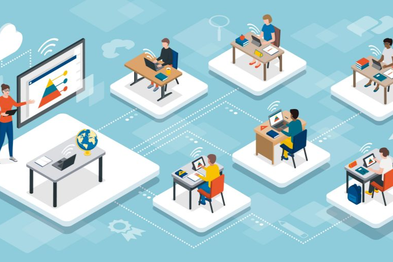 Isometric illustration showing a teacher instructing on one square platform while six separate people on square platforms work on laptops or tablets. Students' platforms are connected to the teachers' platforms by dotted lines.