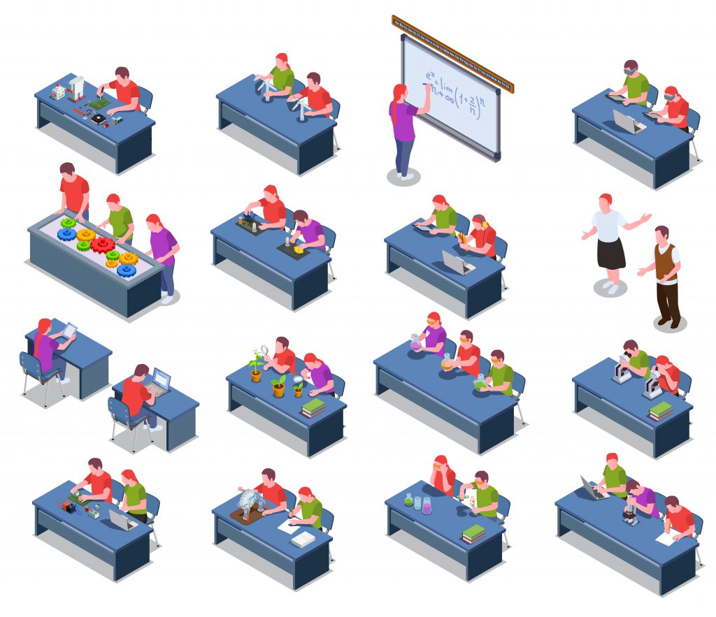 isometric drawing of students doing various activities as desks