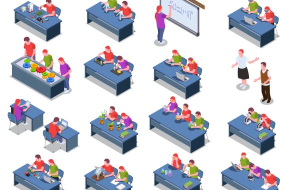 isometric drawing of students doing various activities as desks