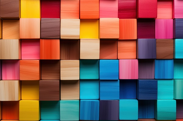 Arrangement of vibrant wooden blocks in a wide display.