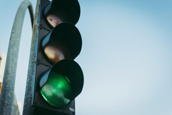 North American style traffic light with green light on